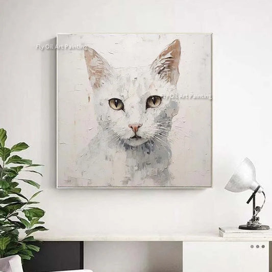 Custom Abstract Cat Oil Painting – Gray & Gold Handmade Canvas Art