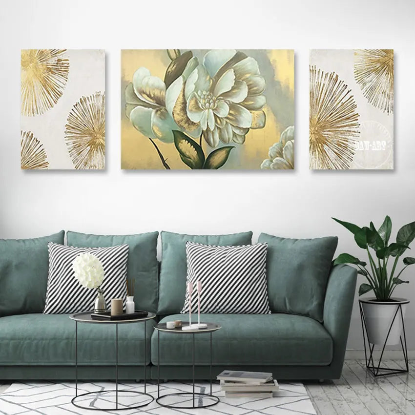 Abstract Flower Oil Painting with Gold Foil, 3PCS Set, Hand-Painted Canvas Wall Art