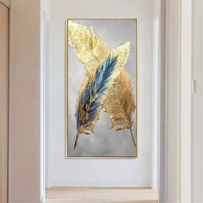 Handmade Vertical Blue Feather Wall Painting