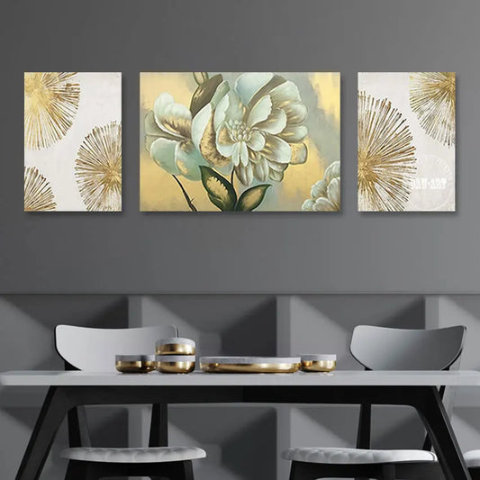 Abstract Flower Oil Painting with Gold Foil, 3PCS Set, Hand-Painted Canvas Wall Art