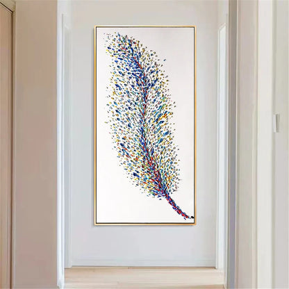 Handmade Vertical Blue Feather Wall Painting