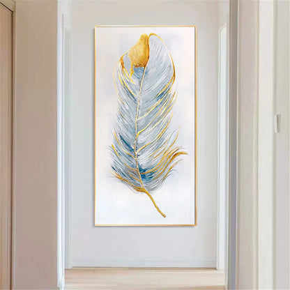 Handmade Vertical Blue Feather Wall Painting