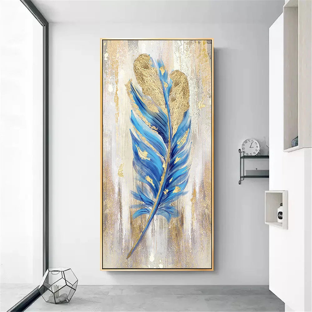 Handmade Vertical Blue Feather Wall Painting