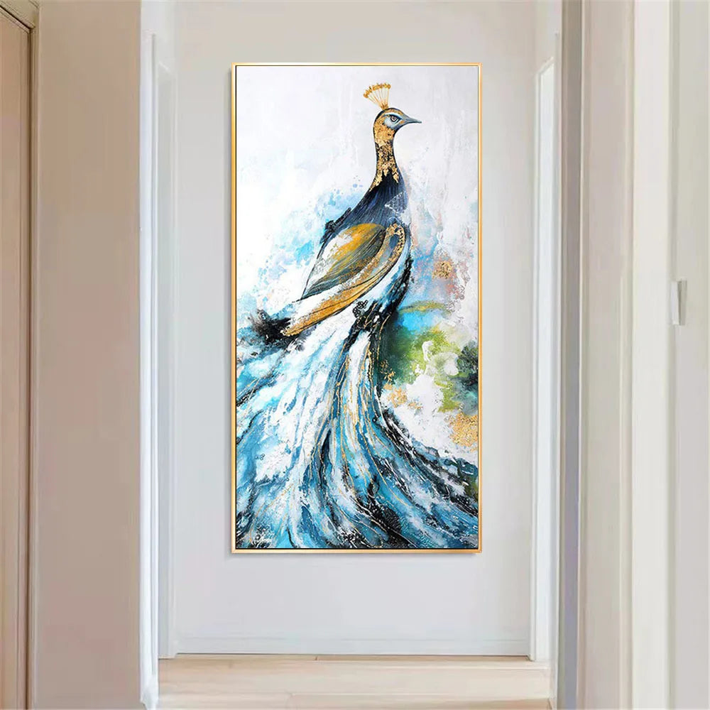 Handmade Vertical Blue Feather Wall Painting