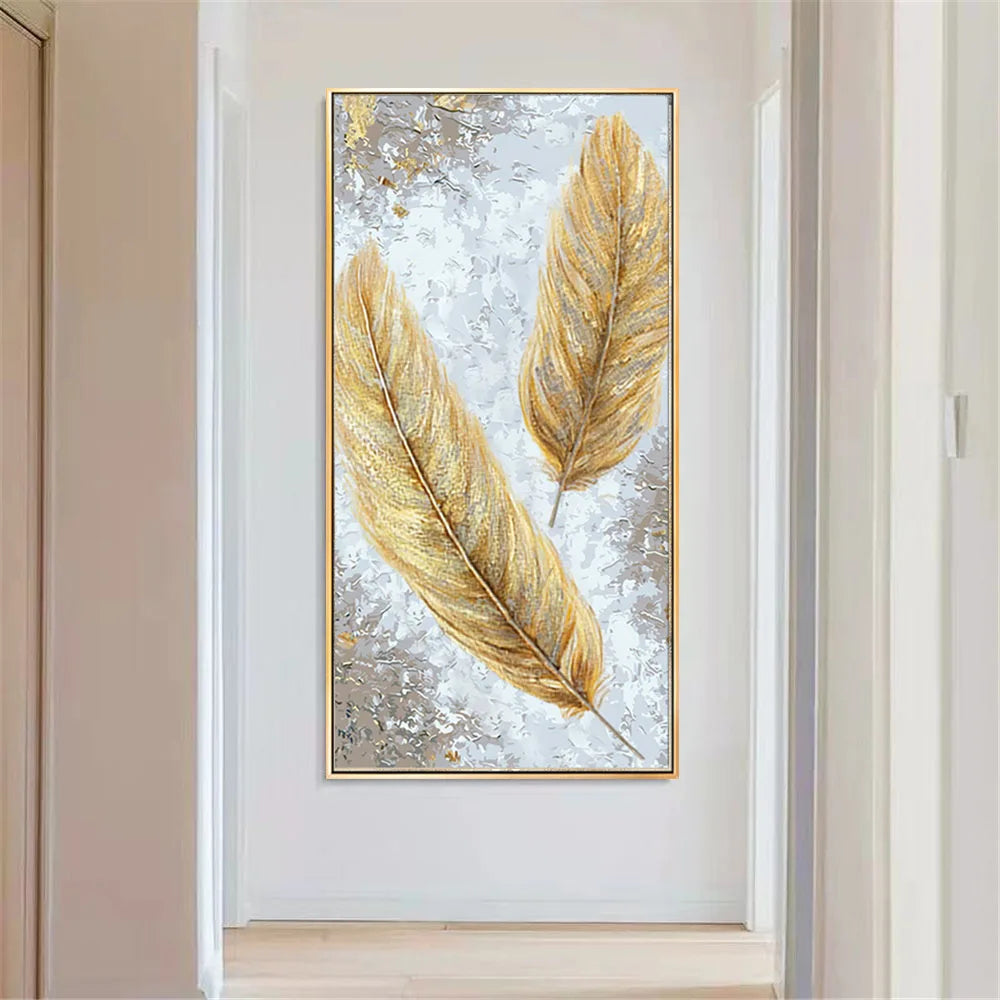 Handmade Vertical Blue Feather Wall Painting