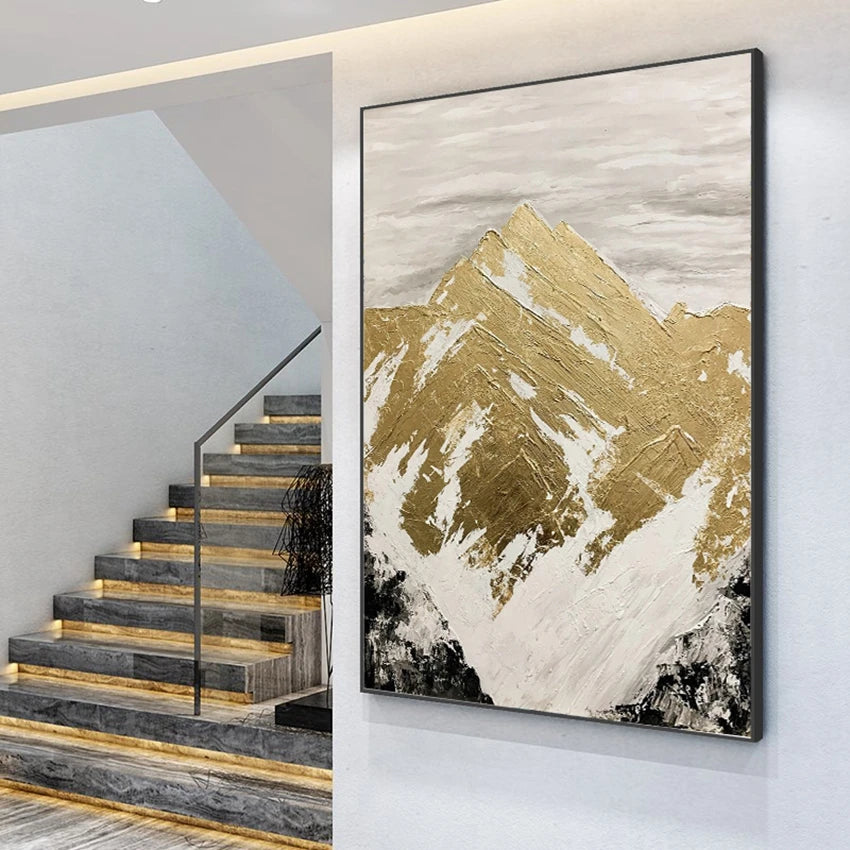 Abstract High Mountain Acrylic Art, Modern Frameless Canvas Painting with Gold Foil Accents