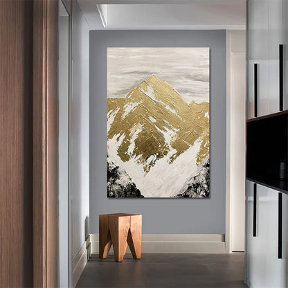 Abstract High Mountain Acrylic Art, Modern Frameless Canvas Painting with Gold Foil Accents