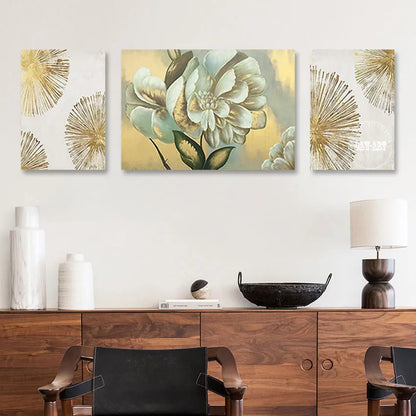 Abstract Flower Oil Painting with Gold Foil, 3PCS Set, Hand-Painted Canvas Wall Art