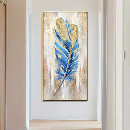 Handmade Vertical Blue Feather Wall Painting