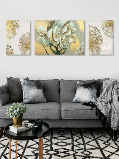 Abstract Flower Oil Painting with Gold Foil, 3PCS Set, Hand-Painted Canvas Wall Art