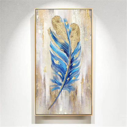 Handmade Vertical Blue Feather Wall Painting