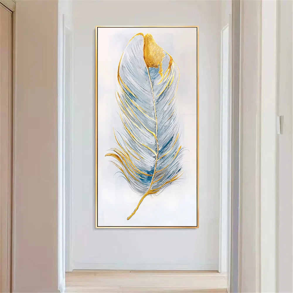 Handmade Vertical Blue Feather Wall Painting