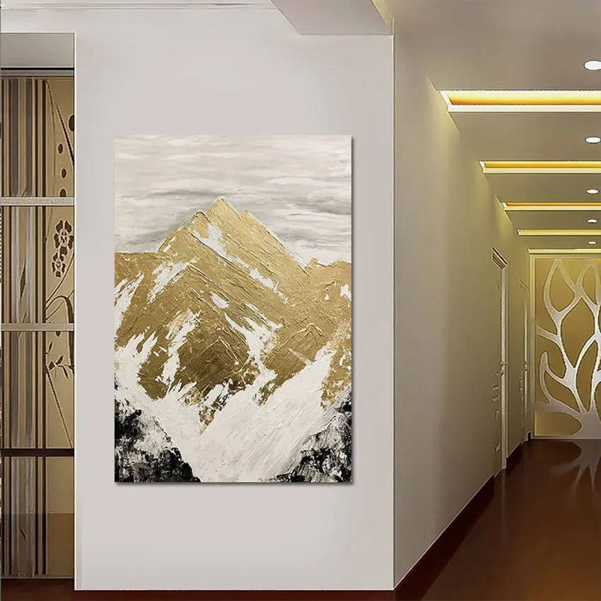 Abstract High Mountain Acrylic Art, Modern Frameless Canvas Painting with Gold Foil Accents