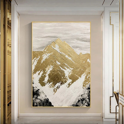 Abstract High Mountain Acrylic Art, Modern Frameless Canvas Painting with Gold Foil Accents