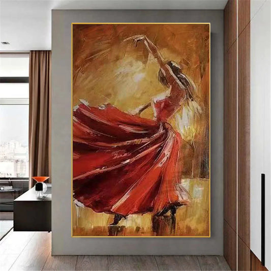 Hand-Painted Dancing Girl in Red Skirt Oil Painting