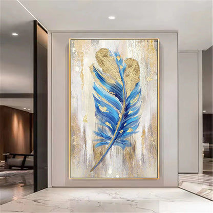 Handmade Vertical Blue Feather Wall Painting