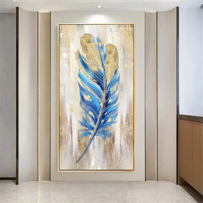 Handmade Vertical Blue Feather Wall Painting