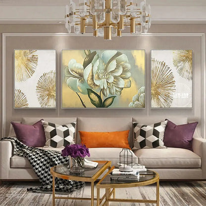 Abstract Flower Oil Painting with Gold Foil, 3PCS Set, Hand-Painted Canvas Wall Art