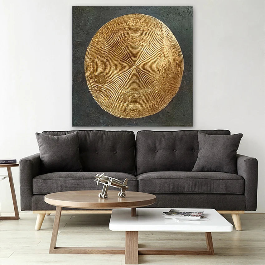 Handmade Abstract Canvas Oil Painting, Golden Foil Art for Living Room