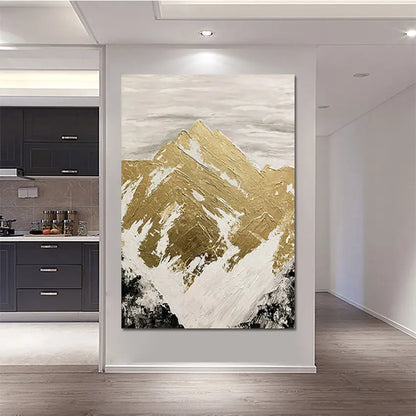 Abstract High Mountain Acrylic Art, Modern Frameless Canvas Painting with Gold Foil Accents