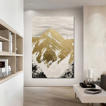 Abstract High Mountain Acrylic Art, Modern Frameless Canvas Painting with Gold Foil Accents