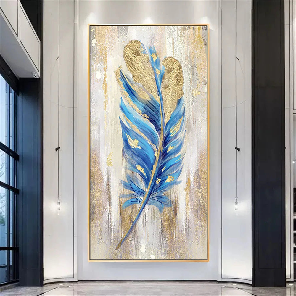 Handmade Vertical Blue Feather Wall Painting