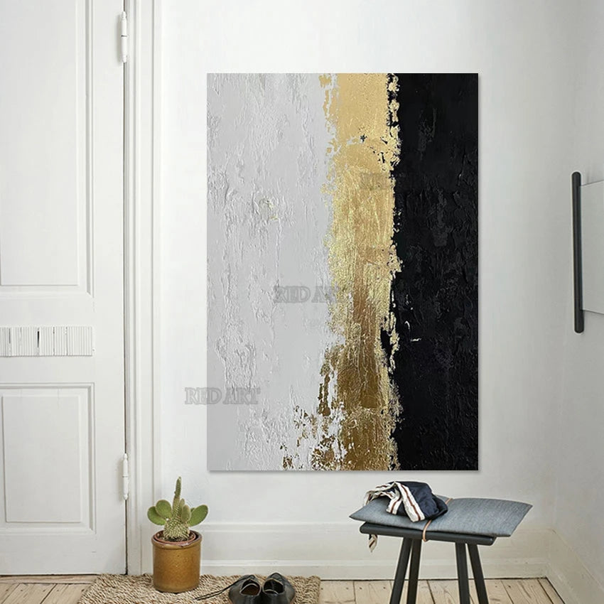 Gold Foil Abstract Black & White Oil Painting on Canvas