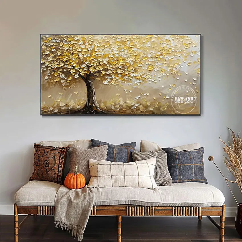 Gold Foil Textured Tree Art, Abstract Acrylic Knife Painting for Wall Decor