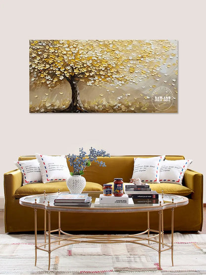 Gold Foil Textured Tree Art, Abstract Acrylic Knife Painting for Wall Decor