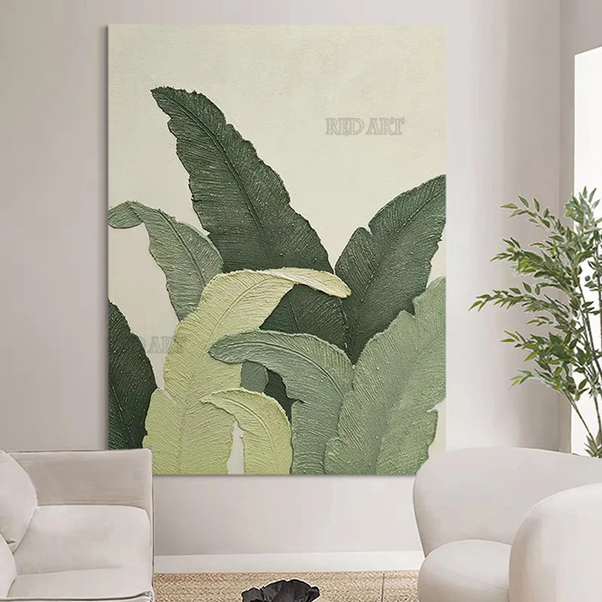 Large Plantain Leaves Oil Painting, Hand-Painted Canvas Art