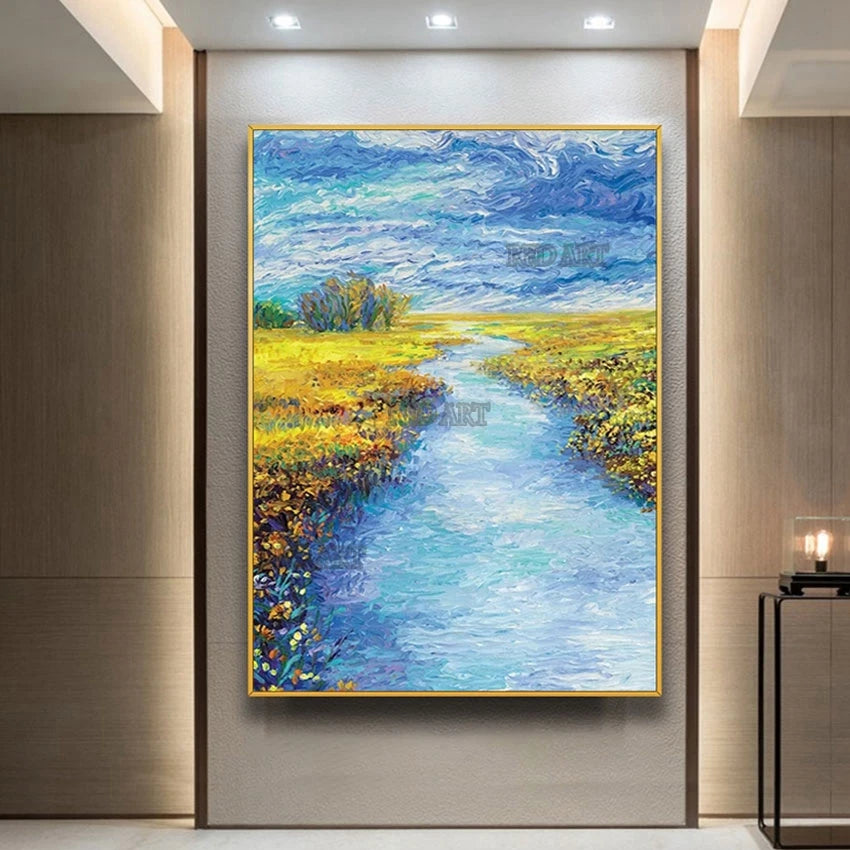 Van Gogh-Inspired River Landscape Oil Painting, Hand-Painted Canvas