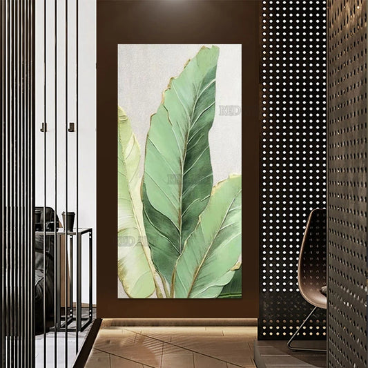 Large Green Leaves Oil Painting, 3D Textured Canvas Art