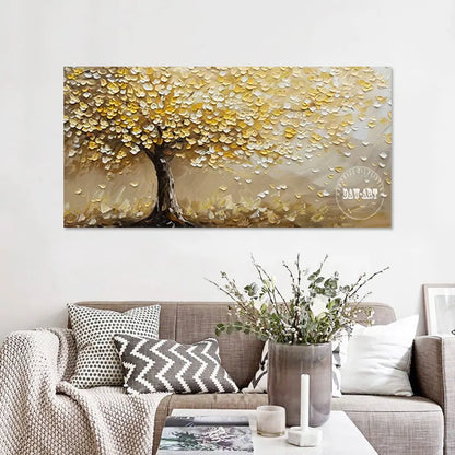 Gold Foil Textured Tree Art, Abstract Acrylic Knife Painting for Wall Decor