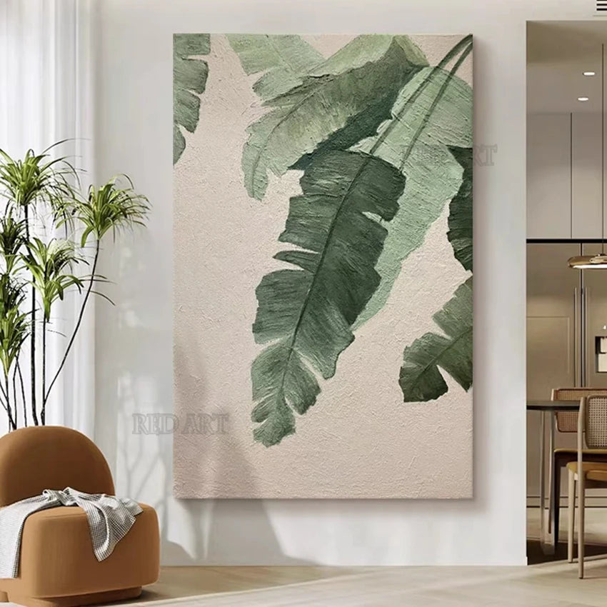 Large Plantain Leaves Oil Painting, Hand-Painted Canvas Art