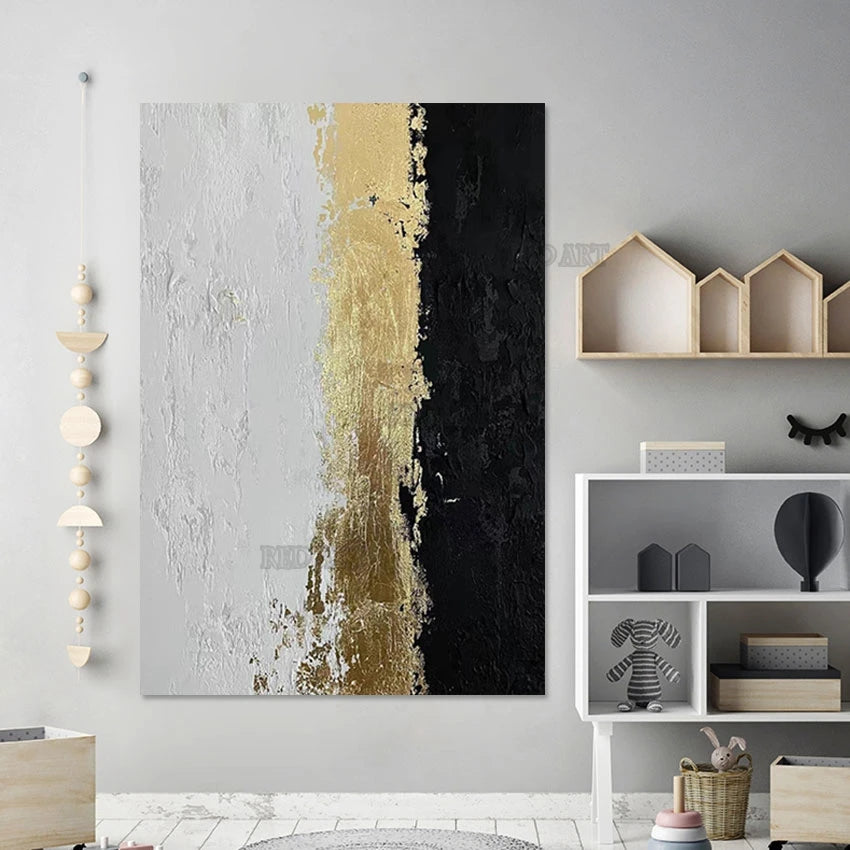 Gold Foil Abstract Black & White Oil Painting on Canvas