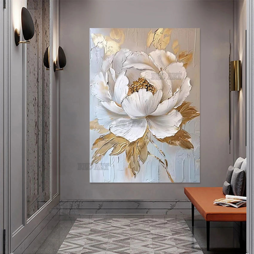 Gold Foil Lotus Oil Painting, Hand-Painted Luxury Canvas