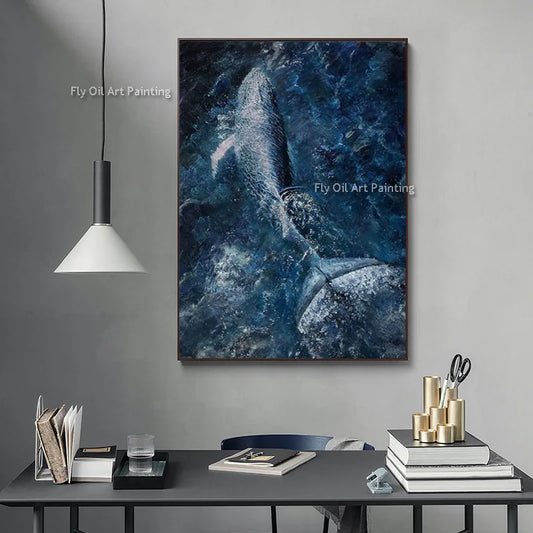 Hand-Painted Blue Whale Shark Oil Painting – Ocean Canvas Art