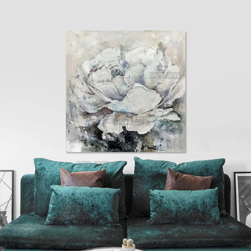 Large White Lotus Flower Oil Painting, Modern Luxury Artwork