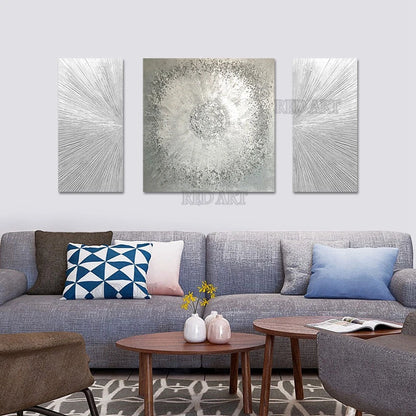 3-Piece Abstract Silver Foil Canvas Painting, Modern Art