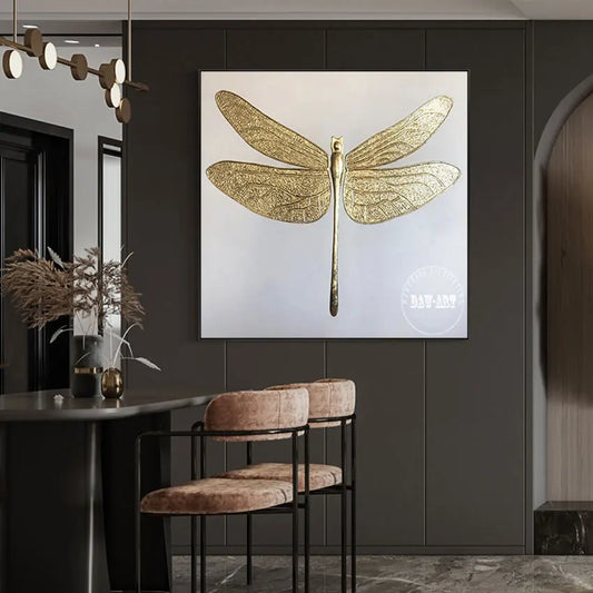 Gold Foil Abstract Dragonfly Oil Painting on Canvas - Unframed