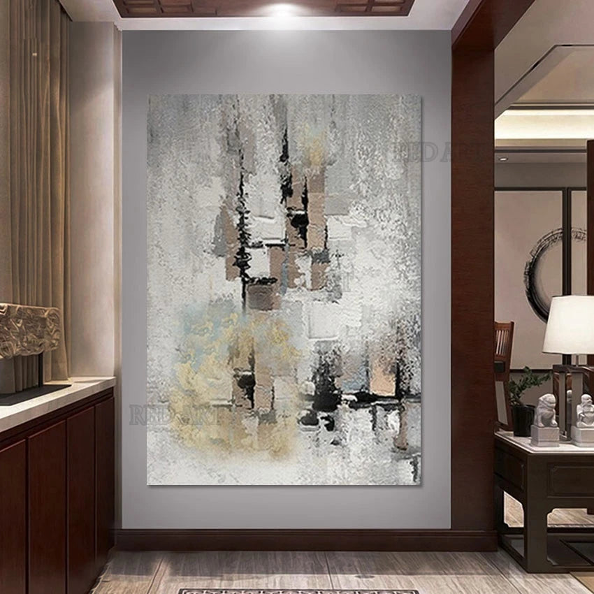 Hand-Painted Abstract Gray Oil Painting on Canvas