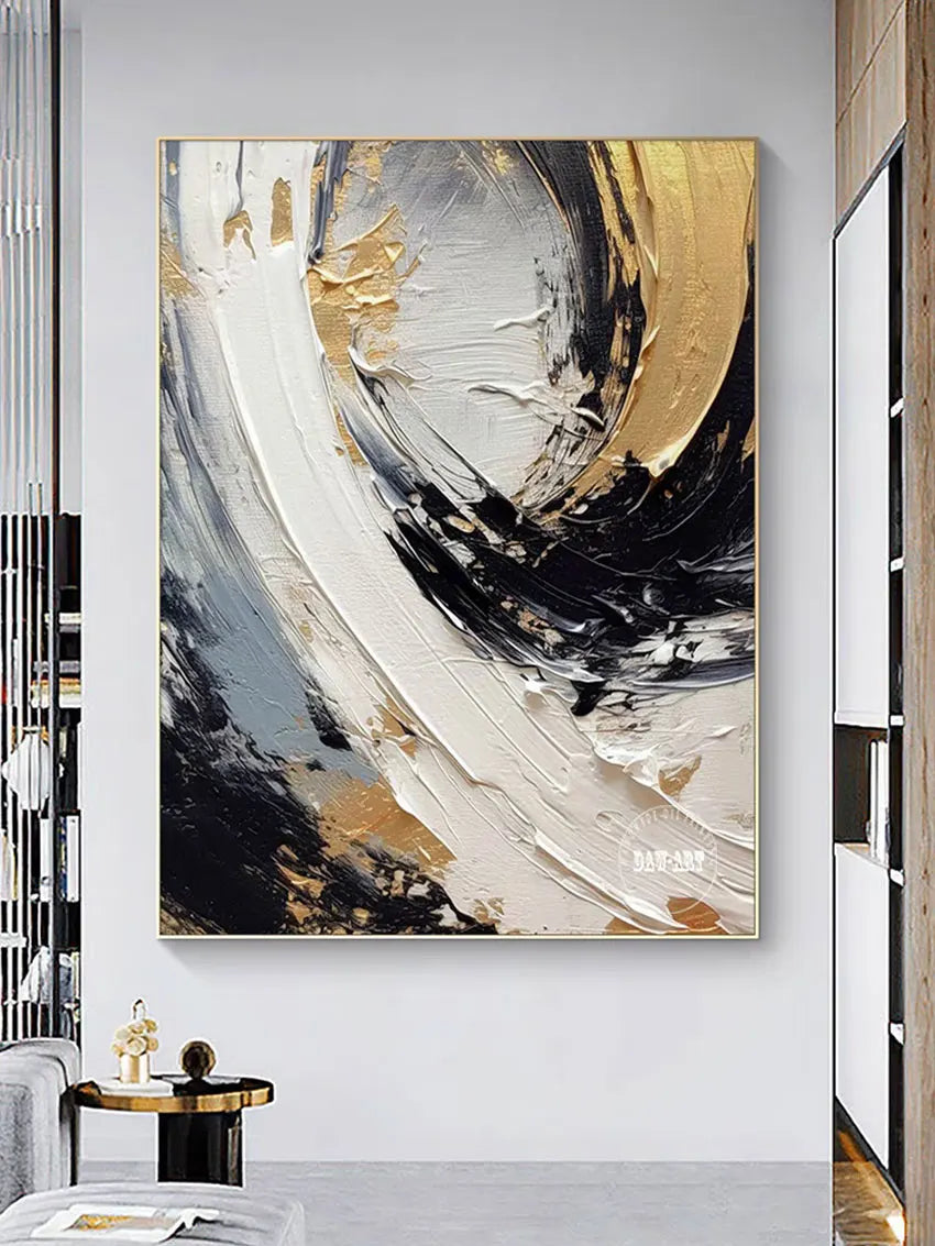 Gold Foil Abstract Canvas Art - Black & White Texture, Frameless