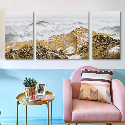 3-Piece Abstract Landscape Canvas Art, Gold Foil Mountain and Clouds Painting