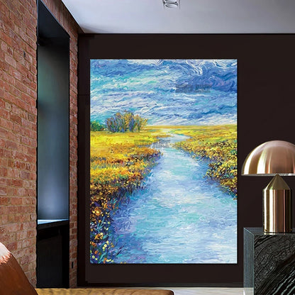 Van Gogh-Inspired River Landscape Oil Painting, Hand-Painted Canvas