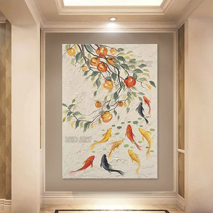 Golden Fishes Abstract Oil Painting, Hand-Painted Wall Art Canvas