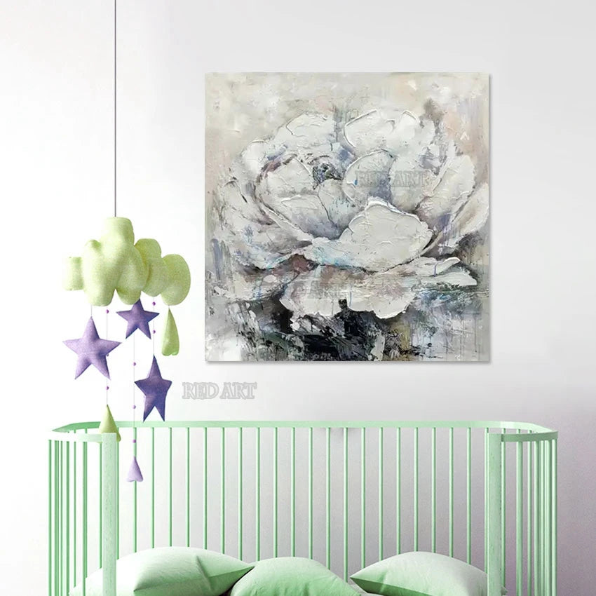 Large White Lotus Flower Oil Painting, Modern Luxury Artwork