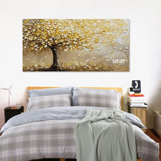 Gold Foil Textured Tree Art, Abstract Acrylic Knife Painting for Wall Decor