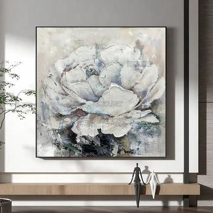 Large White Lotus Flower Oil Painting, Modern Luxury Artwork