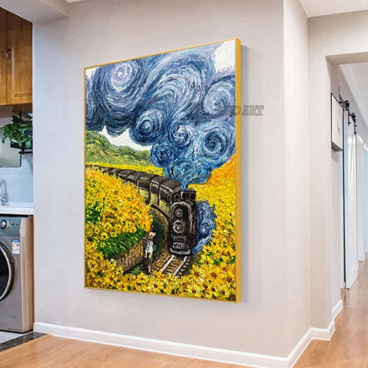 Sunflowers Garden Landscape Oil Painting, Hand-Painted Wall Art