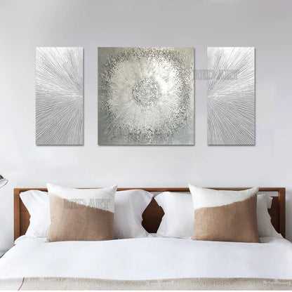 3-Piece Abstract Silver Foil Canvas Painting, Modern Art